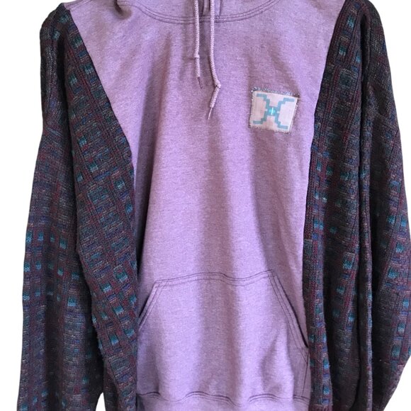 Upcycled Patchwork Hoodie, Sweater Sleeves, XL: Mauve Sweatshirt Jacket, Tribal - Picture 7 of 12